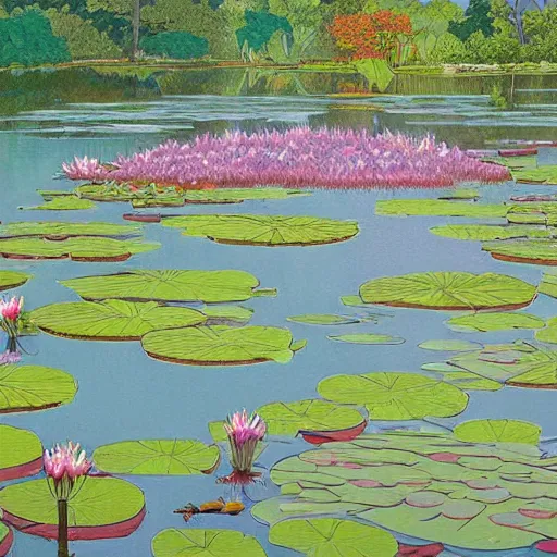 Prompt: a beautiful painting of a waterlily pond by Geof Darrow, Trending on artstation