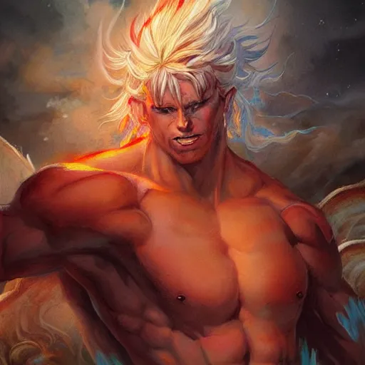 Prompt: award winning magnificent Mythological Painting portrait commission art of a gigantic shirtless muscular albino male furry amongst a fire tornado Character design by charlie bowater, ross tran, artgerm, and makoto shinkai, detailed, inked, western comic book art, 2021 award winning painting