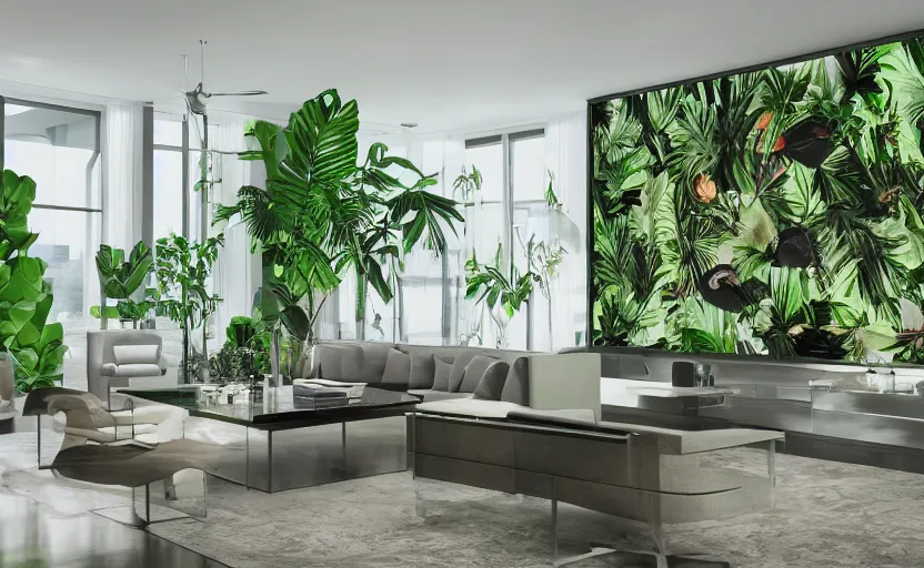 Image similar to empty room architecturaldigest interior, big widescren tv screen in the middle, tropical indoor plants, open shiny floor, v - ray render, high contras