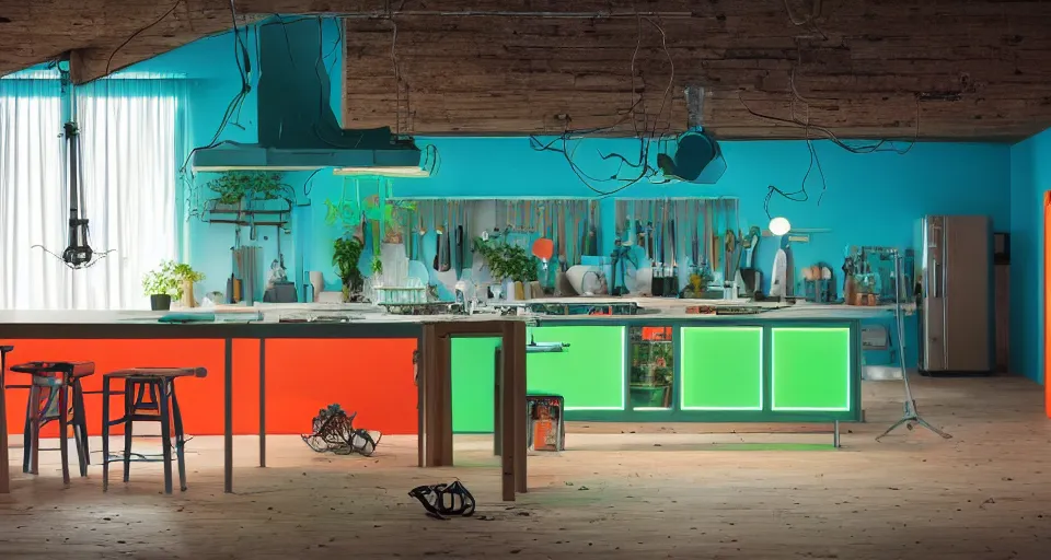 Image similar to IKEA catalogue photo, high end farm house style kitchen, tv screens, monitors, cyberpunk with neon lighting, cyan, orange, organic, vines, decay, by Beksiński