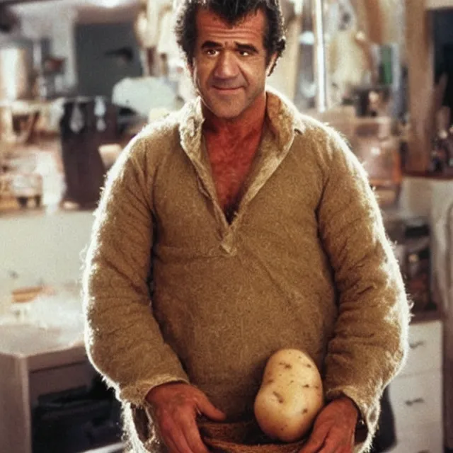 Image similar to mel gibson in a potato costume