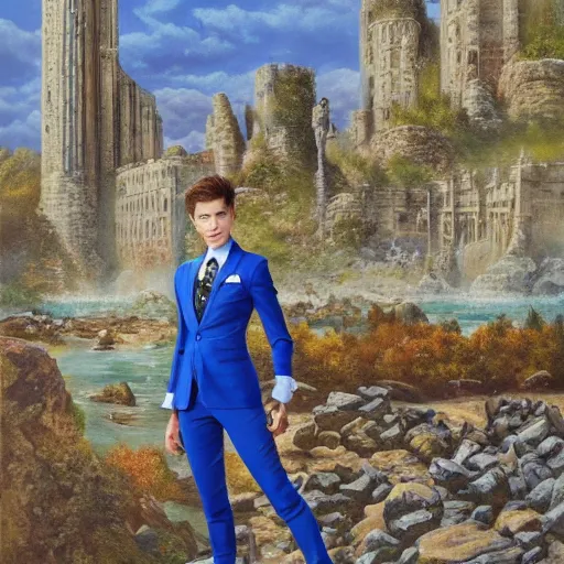 Prompt: portrait of Ruby Rose with messy spiked auburn hair and elf ears and dressed in a blue men's suit with a yellow tie, standing on a stone bridge with a fantasy city of tall stone towers in the background, oil painting by Alex Ross