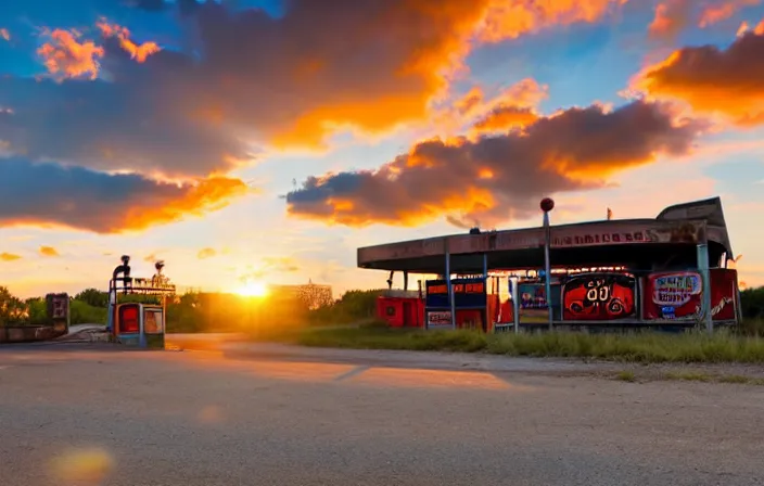 Prompt: A sunset light landscape with historical route66, lots of sparkling details and sun ray’s, blinding backlight, smoke, volumetric lighting, colorful, octane, 35 mm, abandoned gas station, old rusty pickup-truck, beautiful epic colored reflections, very colorful heavenly, softlight