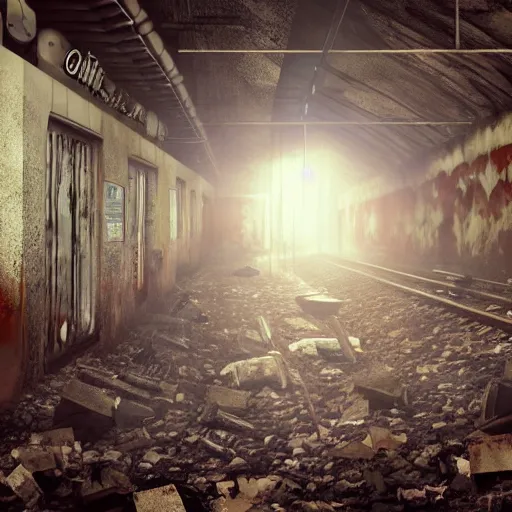 Image similar to An abandoned post apocalyptic subway station with an old decaying train, overgrown, sunlight, concept art, award winning