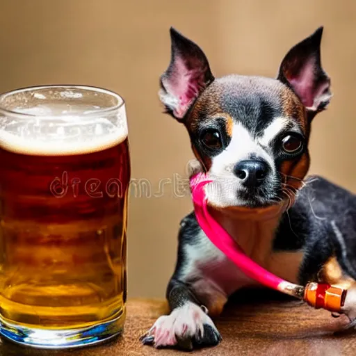 Image similar to a small dog with a red mohawk drinking beer, stock photo