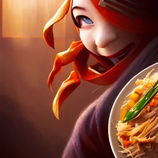 Image similar to movie still macro close photo of smiling anonymous holding pork stirfry to face, by weta disney pixar greg rutkowski wlop ilya kuvshinov rossdraws artgerm octane render iridescent, bright morning, anime, liosh, mucha