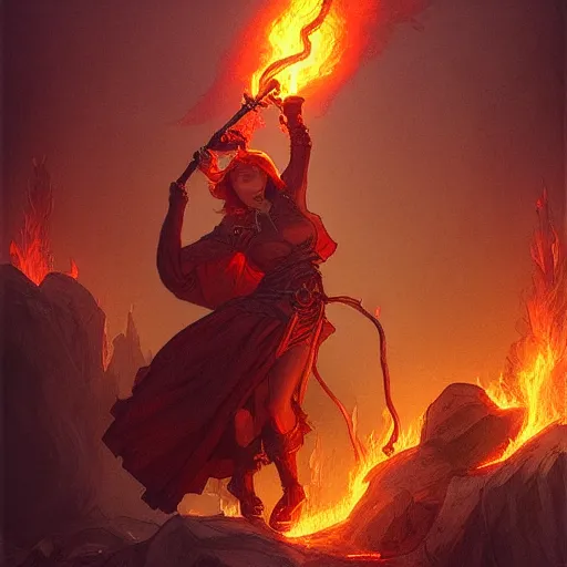 Prompt: a pyromancer is playing with fire , medium level shot , epic scene, Mucha style , Grim fantasy, illustration ,concept art,