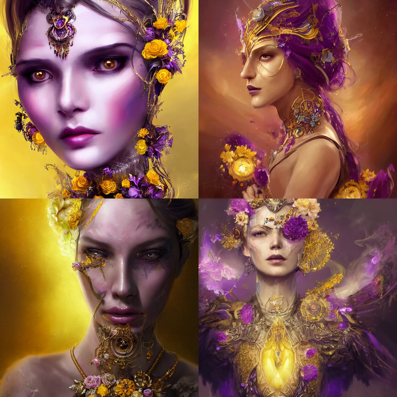 Image similar to realistic character concept, the empress with lots of jewelry and yellow and purple flowers in the face, elegant pose, scifi, illustration, slender symmetrical face and body, artstation, cinematic lighting, hyperdetailed, 8 k, high resolution, charlie bowater, frans smit, insanely detailed and intricate, elegant, dark fractal background, vfx, art deco, postprocessing