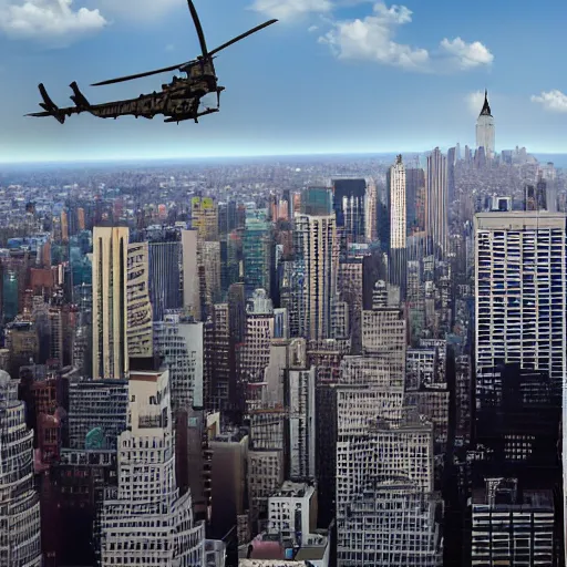 Prompt: apache helicopter, flying, new york skyline, 4k, HD, hyper realistic