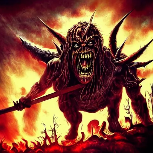 Image similar to big demon with a battle - axe roaring at the screen, heavy metal album cover, demonic, creepy, iron maiden, horror, brutal