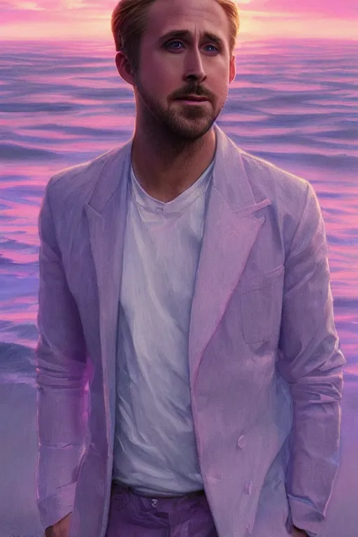 Image similar to ryan gosling robotic clothes in the beach purple sun, pink lighting ultra realistic photorealistic highly detailed high quality, a stunningly, digital painting, artstation, concept art, smooth, sharp focus, illustration, art by artgerm and greg rutkowski and alphonse mucha 8 k