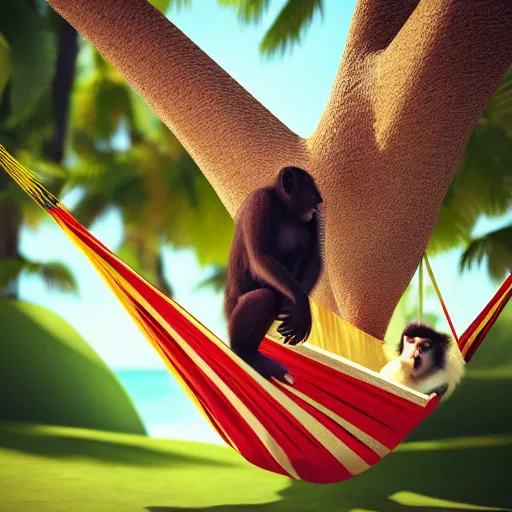 Image similar to minimalist portrait of a monkey laying in a hammock eating a banana, octane render, 8 k render, saturated, vector