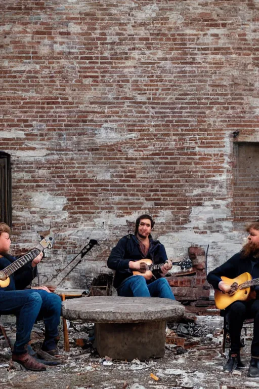 Prompt: Four stalkers sit with guitars by the fire near an abandoned brick house