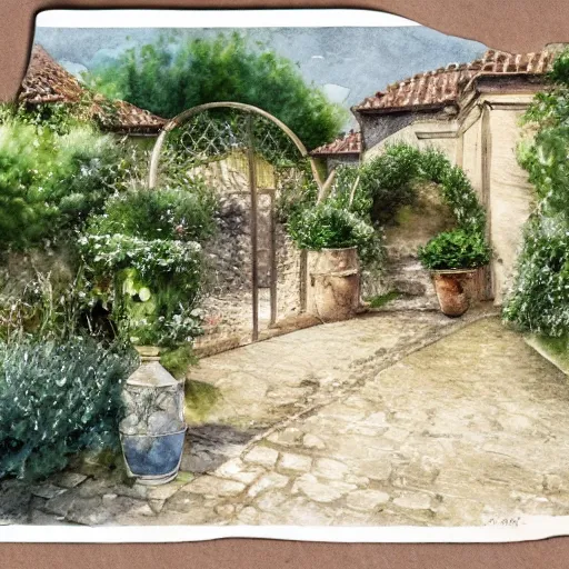 Image similar to delicate, garden, paved, botanic watercolors, iridescent, 8 k, realistic shaded, fine details, artstation, italian, chairs, gate, oak tree, pompeii