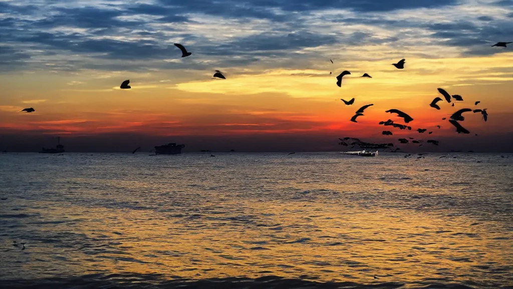 Prompt: sunset on the beach, a boat in the water and birds flying around.