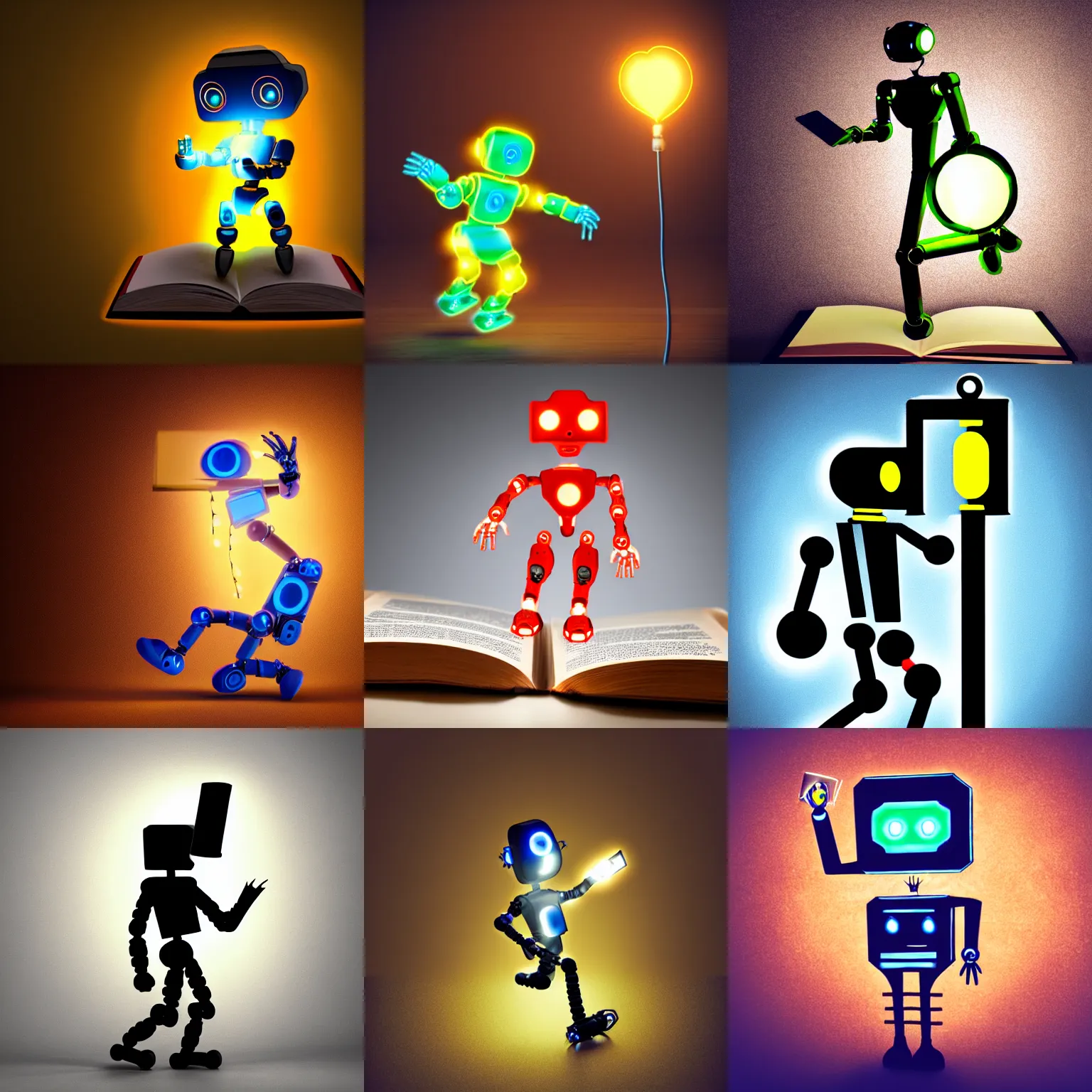 Prompt: running glowing robotic humanoid holding glowing book, dragging broken chains