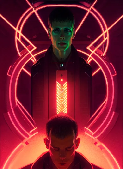 Image similar to symmetry!! portrait of zach harbrone, sci - fi -, cyberpunk, blade runner, glowing lights, tech, biotech, techwear!! intricate, elegant, highly detailed, digital painting, artstation, concept art, smooth, sharp focus, illustration, art by artgerm and greg rutkowski and alphonse mucha