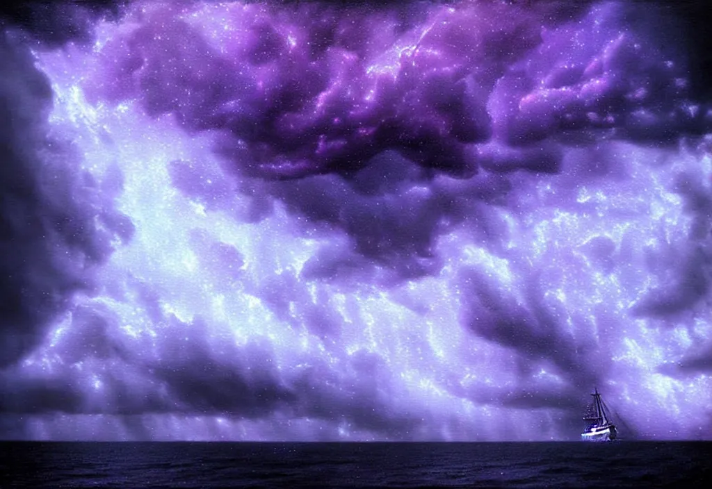 Image similar to purple color lighting storm with stormy sea close up of a pirate ship firing its cannons trippy nebula sky with dramatic clouds painting by banksy Photorealism