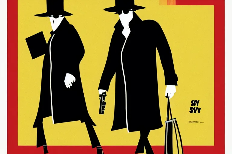 Prompt: poster matte shaded illustration of two donald trumps wearing trench coats and big floppy black spy hats carrying boxes, starring in spy vs spy