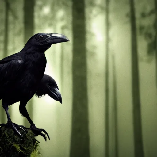 Prompt: creature consisting of a crow and a human, werecrow, photograph captured in a dark forest