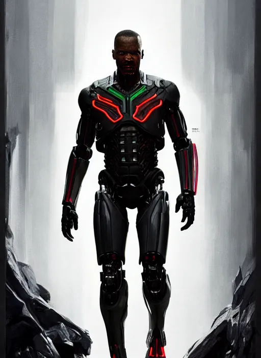 Image similar to jamie foxx as victor stone, full body concept, cyborg, borg, strogg, face of a man, terminator, flesh, quake strogg, doom demon, wolfenstein, monstrous, powerful, symmetry, symmetrical, concept art by ruan jia and greg rutkowski