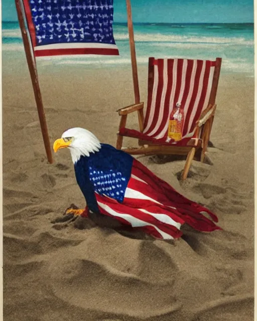 Image similar to postcard showing 'a cool bald eagle perched on a beach chair with shades and a beer bottle' laying in the sand, advertisement, american flag