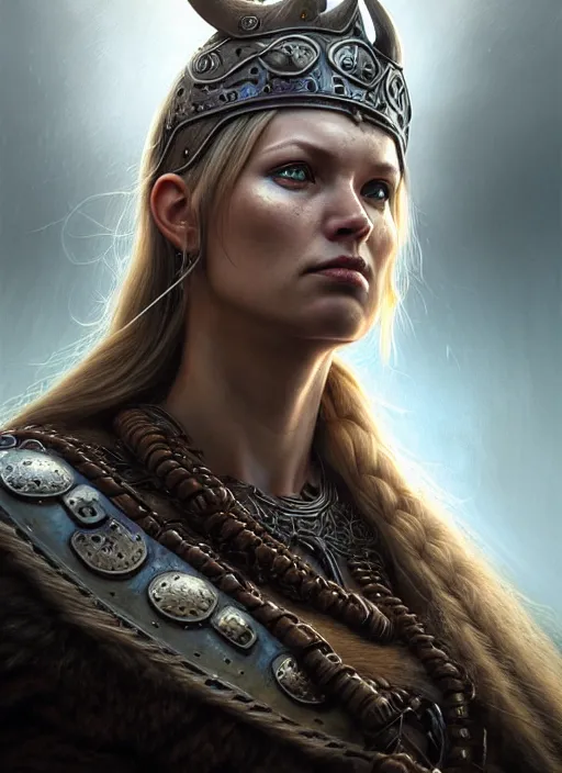 Image similar to closeup portrait shot of a female viking warrior in a scenic dystopian environment, intricate, elegant, highly detailed, centered, digital painting, artstation, concept art, smooth, sharp focus, illustration, artgerm, tomasz alen kopera, peter mohrbacher, donato giancola, joseph christian leyendecker, wlop, boris vallejo