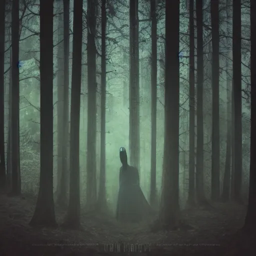 Image similar to long shot of a scary woman wearing all black, standing in the forest, melancholic, dreary, horror, creepy, glows, dark lighting, ambient lights, cinematic lighting, sinister, digital art,