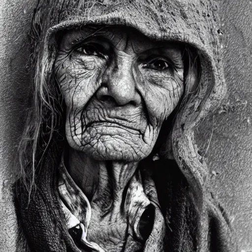 Image similar to portrait of scarry old granny, photorealism, village 1976, bw, high detailed, horror