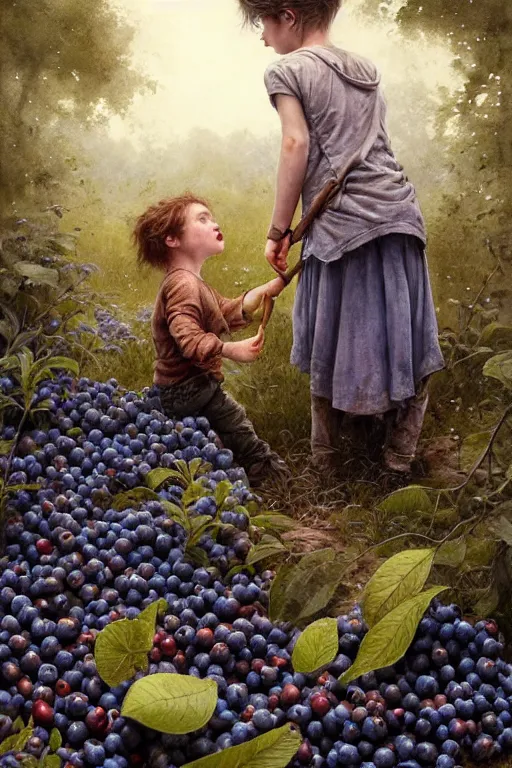 Image similar to kids picking huge blueberries | esoteric symbolism | jean - baptiste monge, esao andrews, bastien lecouffe - deharme, tim jacobus, ken currie | ultra - detailed realism, soft cinematic lighting, hi - fructose, artstation, high - quality, ink watercolors wes anderson poster art