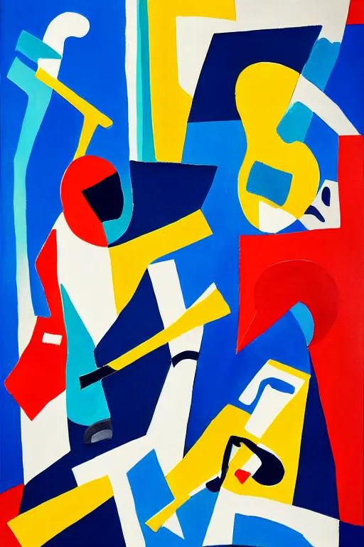 Image similar to Abstract painting representation of jazz musicians, the letters JAZZ in the style of Stuart Davis colors cobalt blue, ultramarine blue, yellow, red, white, black