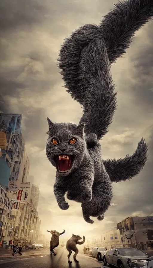 Image similar to people running away from the catzilla. trending on artstation. realistic cinematography, photorealistic, photography, wide shot