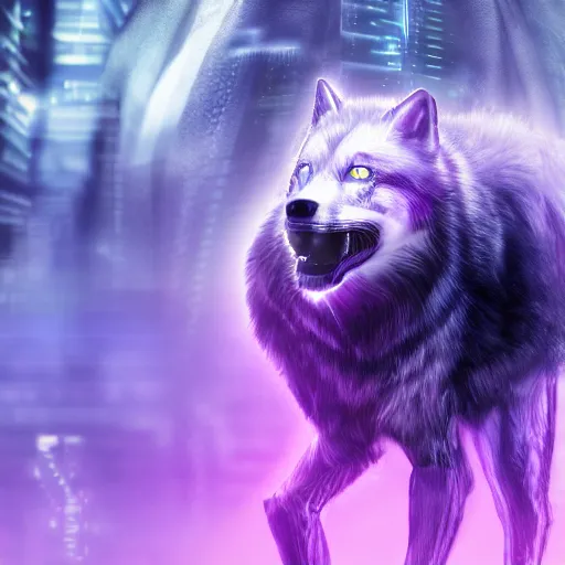 Prompt: A cyber wolf, cyber implants, futuristic, foreground robot, background purple mist,
