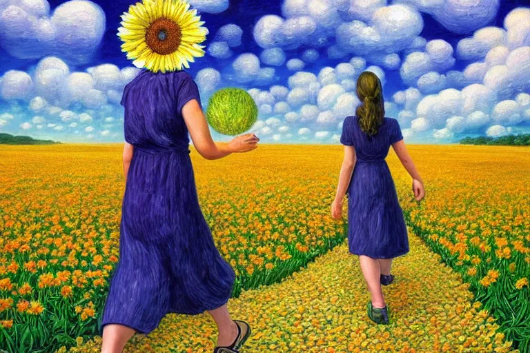 Prompt: giant daisy flower head, woman walking, surreal, clouds in sky, impressionist painting, digital painting, artstation, rob gonsalves