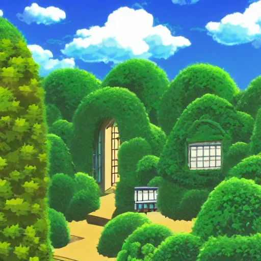 Prompt: Studio Ghibli empty hedge maze in the sky, animated, anime, illustrated, vibrant, by kyoto animation , low angle anime backdrop on artstation