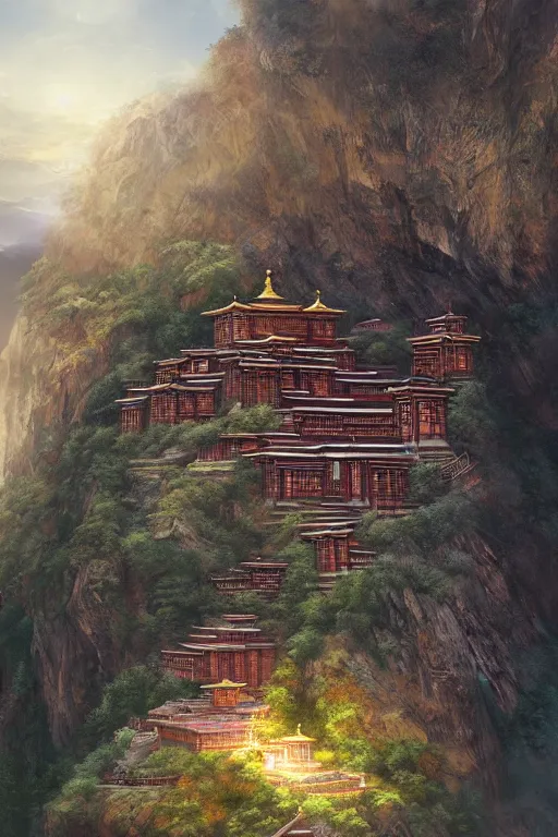 Prompt: inside a Tibetan monastery with a view at the edge of the cliff, powerfull, intricate, elegant, volumetric lighting, digital painting, highly detailed, artstation, sharp focus, illustration, concept art, ruan jia, steve mccurry