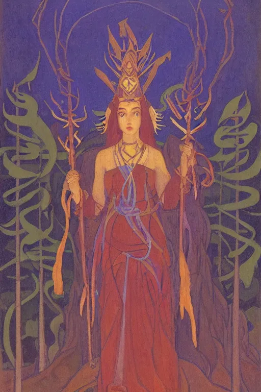 Prompt: new queen of the forest with her scepter, by Nicholas Roerich and jean delville, dramatic cinematic lighting , ornate headdress , lost civilizations, extremely detailed