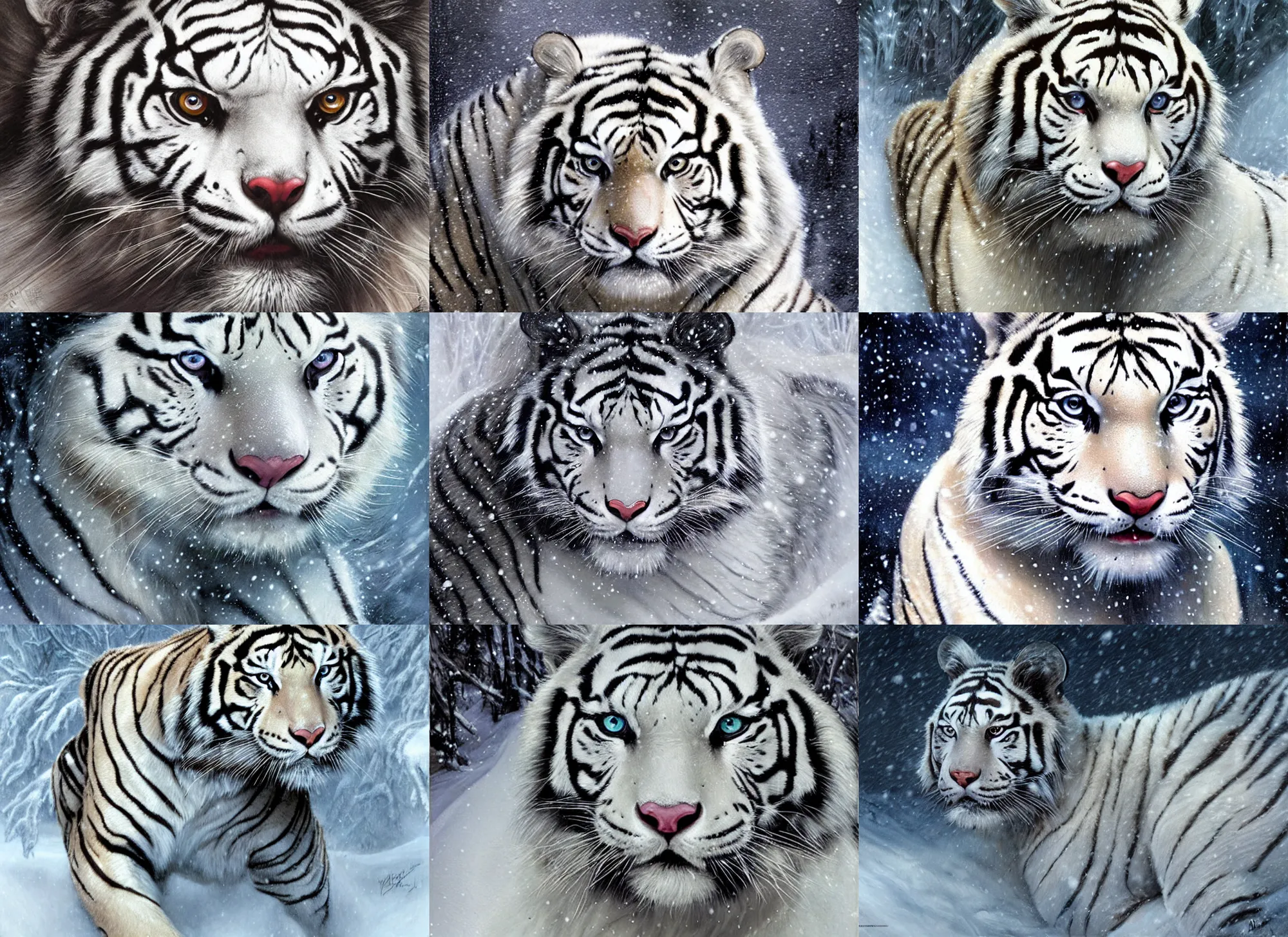 Image similar to close-up face portrait of muscled Denise Richards mounted on a fierce large white tiger, wintery scene, snow storm, Donato Giancola, Mark Brooks, Ralph Horsley, Charlie Bowater, Artgerm, Christopher Balaskas, Bastien Lecouffe-Deharme