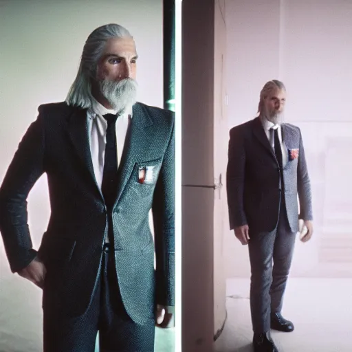 Image similar to photo of Geralt of Rivia wearing a suit and tie, cinestill, 800t, 35mm, full-HD