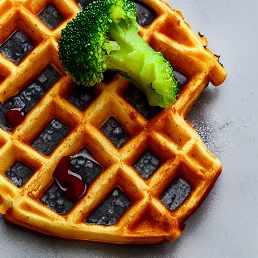 Prompt: promotional shot of a waffle with broccoli, blood cream and oysters,