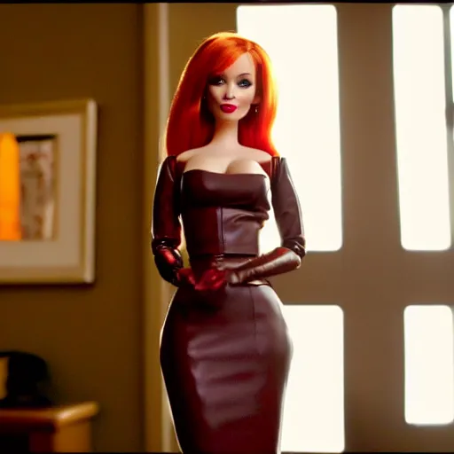 Image similar to amazing beautiful Christina Hendricks barbie doll wearing leather in the living room, film still from the movie directed by Denis Villeneuve , wide lens