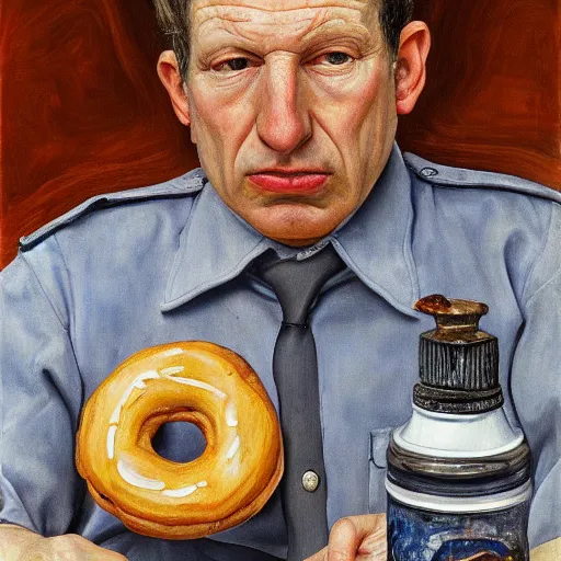 Image similar to high quality high detail painting by lucian freud, hd, portrait of a cop eating a donut, photorealistic lighting