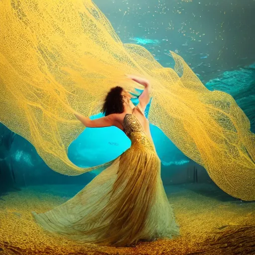 Prompt: woman dancing underwater wearing a long flowing dress made of many translucent layers of gold and silver lace seaweed, bolts of bright yellow fish, delicate coral sea bottom, swirling silver fish, swirling smoke shapes, cycles render, caustics lighting from above, cinematic, hyperdetailed