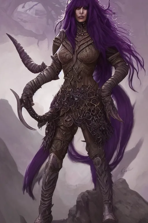 Prompt: Alluring Tiefling Druid, wearing leather armor light brown skin, dark purple hair, and silver eyes full body, dungeons and dragons portrait, highly detailed, digital painting, artstation, concept art, sharp focus, illustration, art by artgerm and greg rutkowski and alphonse mucha