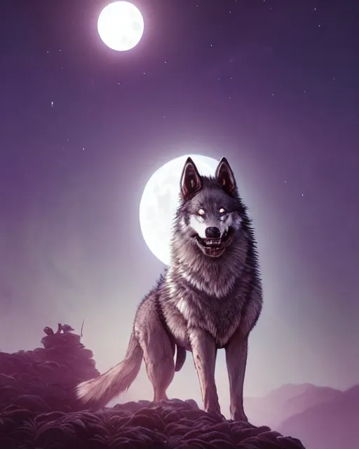 Image similar to highly detailed surreal vfx portrait of a samurai wolf in front of a full moon, stephen bliss, unreal engine, greg rutkowski, loish, rhads, beeple, makoto shinkai and lois van baarle, ilya kuvshinov, rossdraws, tom bagshaw, alphonse mucha, global illumination, detailed and intricate environment