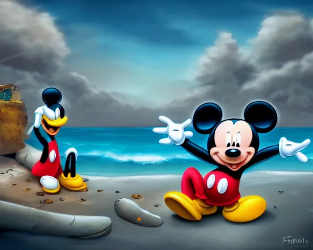 Image similar to Mickey mouse sitting next to terrifying sea creatures on a creepy beach, digital art, in the style of Frederic St-Arnaud, super detailed, artstation