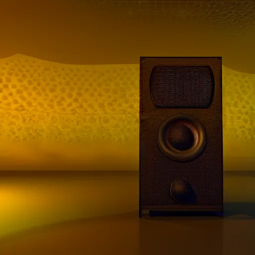 Image similar to 2 large speakers covered with a delicate psychedelic texture, octane render, hyper detailed render, volumetric light, ultra realistic,