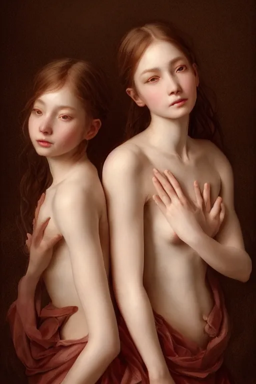 Image similar to a masterpiece ultrarealistic ultradetailed portrait of a very beautiful twins, baroque renaissance. medium shot, intricate, elegant, by stanley artgerm lau, wlop, rossdraws, james jean, andrei riabovitchev, marc simonetti, light by julie bell, porcelain skin. global illumination. vfx