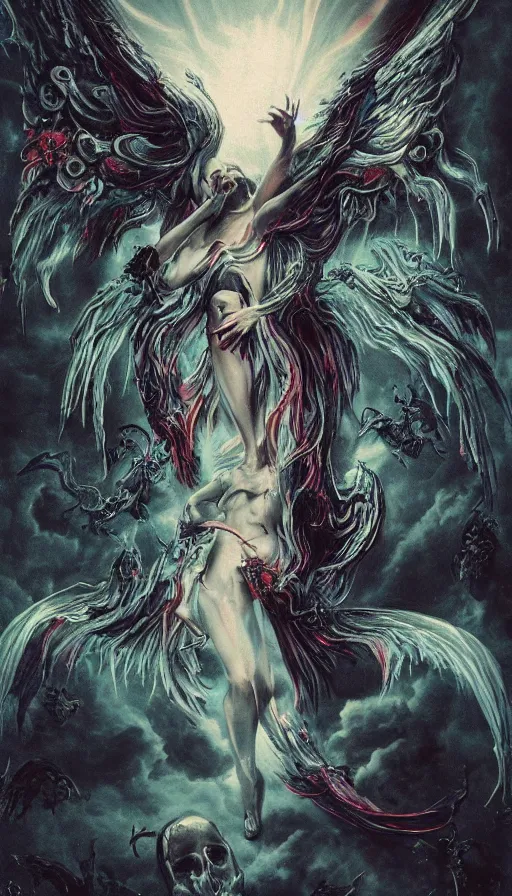 Image similar to painting of an ominous creepy dramatic bright angel of death with many skulls in dark clouds, full-body portrait, highly detailed, ornate and elegant, rococo, fantasy, traditional art, gothic, abstract art, surrealism, concept art, vaporwave, synthwave, ambient, retro, futurism, pixel sorting, glitch art, on artstation