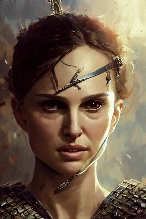 Image similar to natalie portman, legendary warrior, heroic, lord of the rings, tattoos, decorative ornaments, battle armor, by carl spitzweg, ismail inceoglu, vdragan bibin, hans thoma, greg rutkowski, alexandros pyromallis, perfect face, fine details, realistic shading photorealism